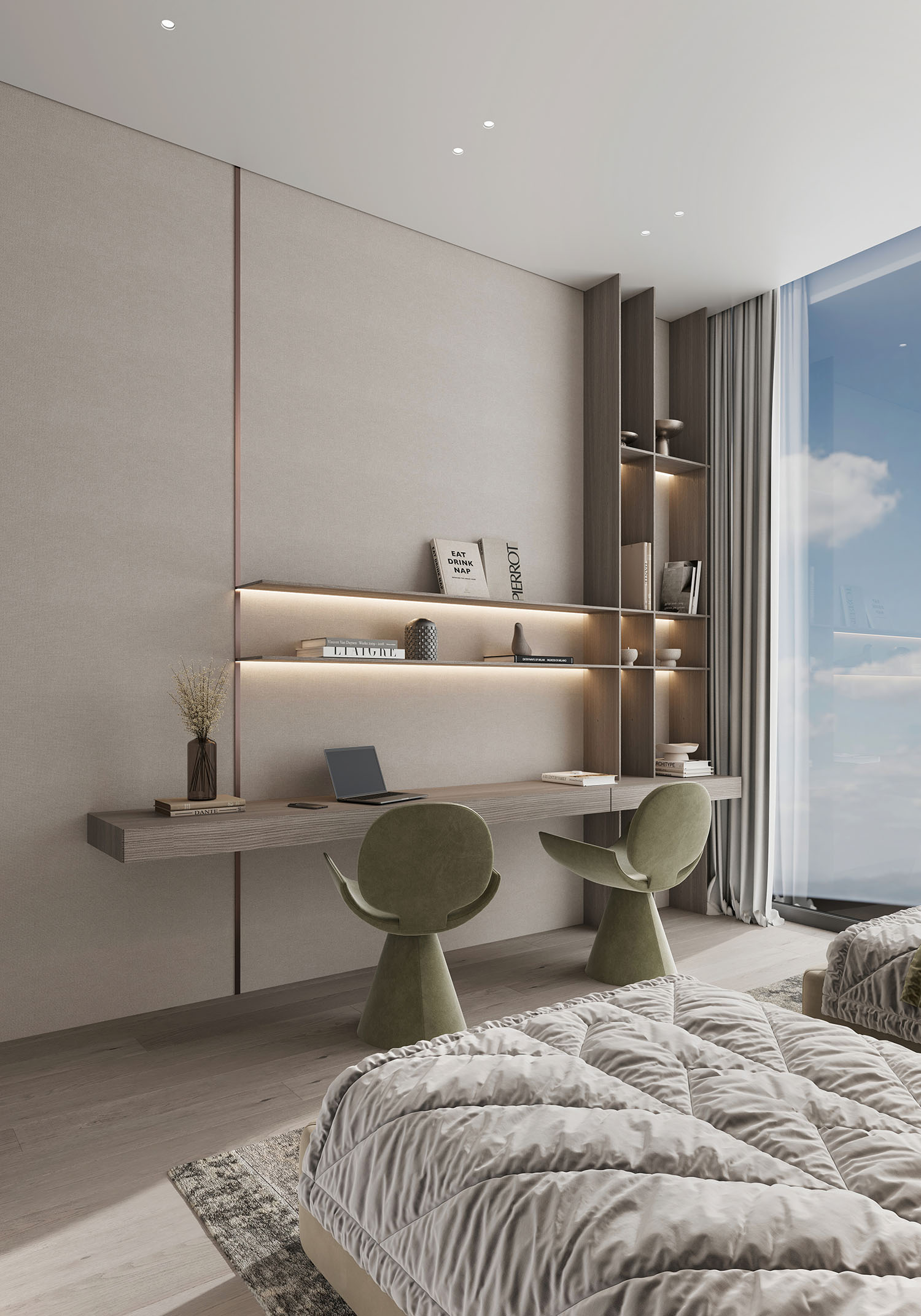 Cove By Imtiaz A modern bedroom featuring two green chairs, a sleek desk with a laptop, and decorative wall shelves.